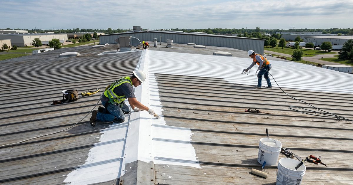 White reflective coating being rolled over a commercial standing seam metal roof