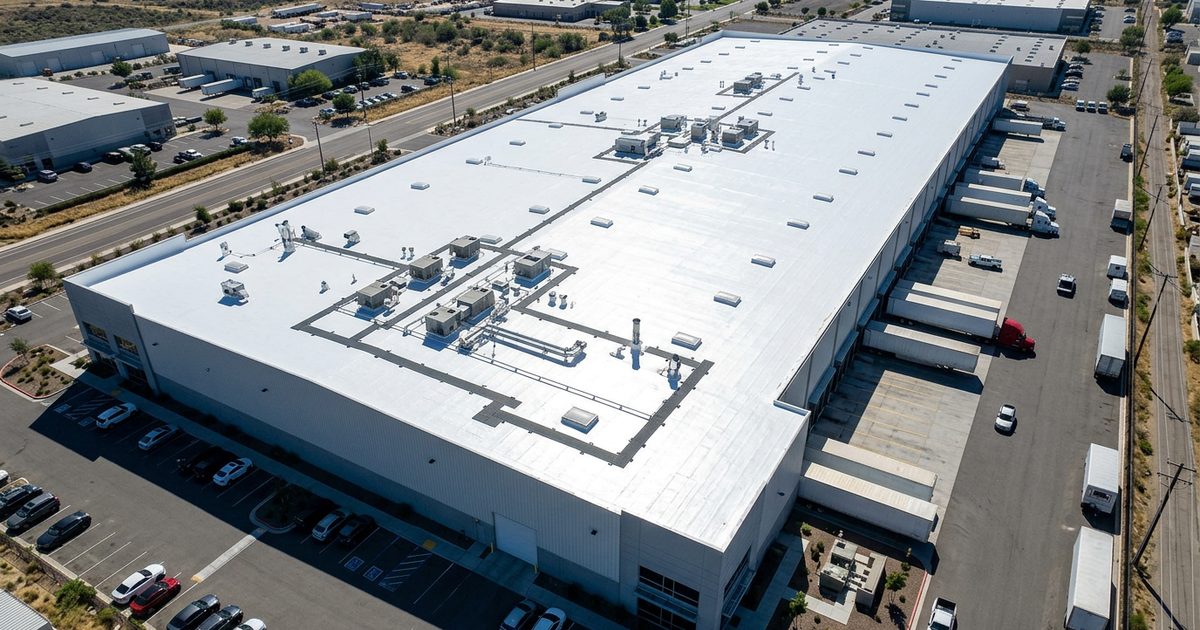 Crew applying Conklin white roof coating to a commercial roof — Roof Coating Benefits On Commercial Flat Roofs Metal Roofs