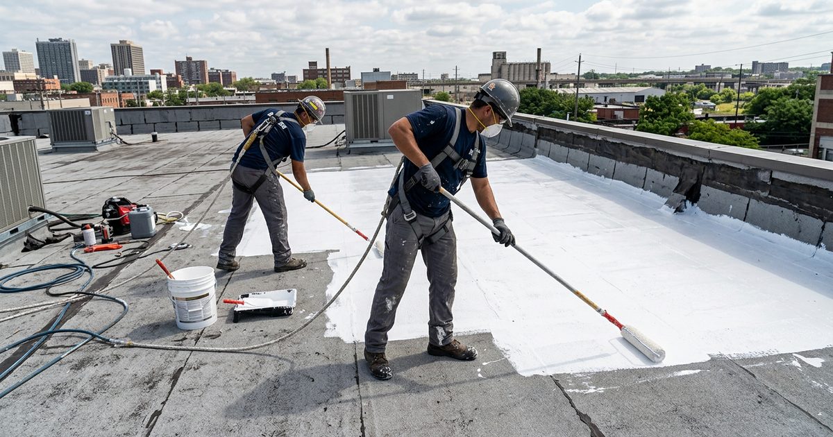 Crew applying Conklin white roof coating to a commercial roof — Roof Coating Market | Conklin Roof Coatings Is Going To Be Huge