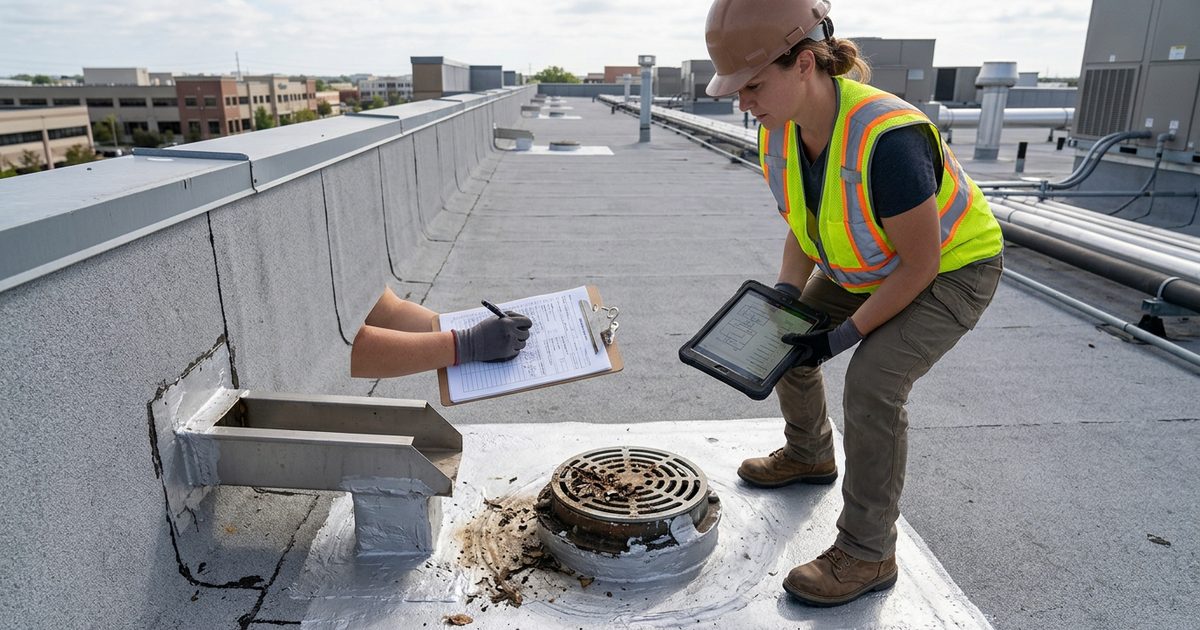 Roofing technician performing preventive maintenance on a commercial roof