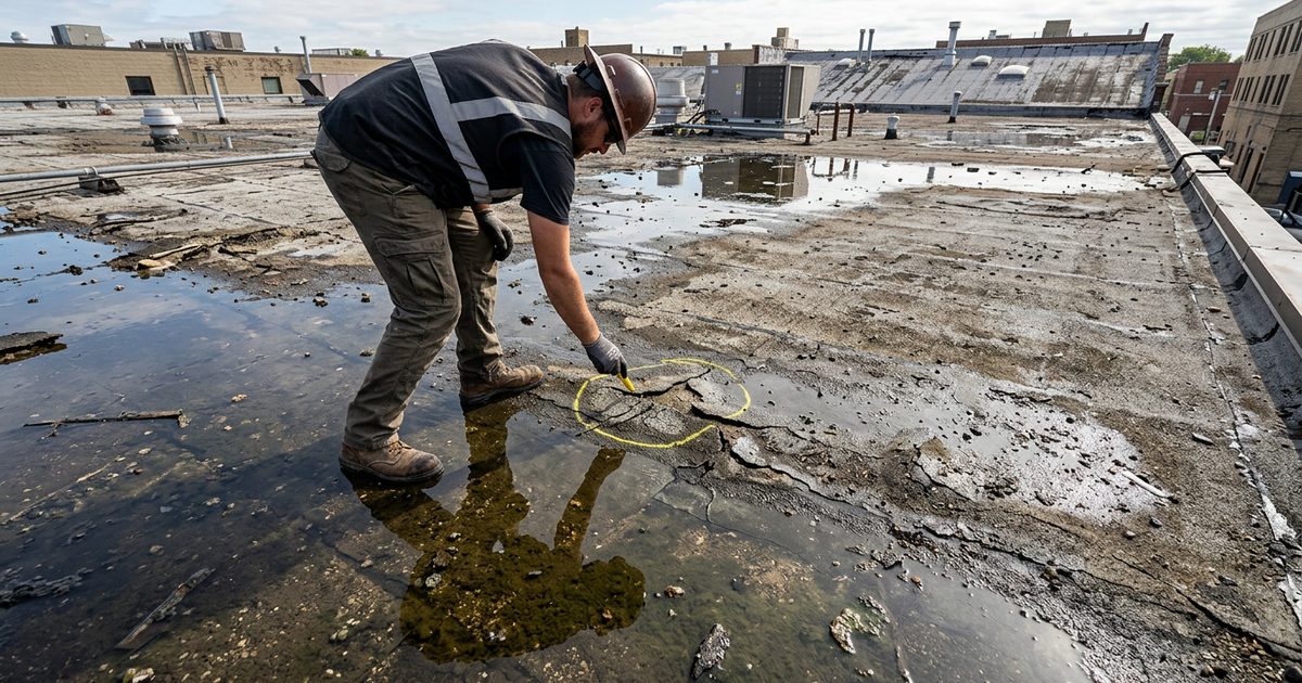Storm-damaged commercial flat roof being assessed for restoration — Roof Coatings For Storm Restoration Contractors
