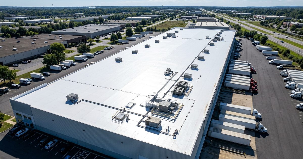 Commercial roof with Conklin white reflective coating — Roof Color Affects HVAC Lifespan: 5 Critical Cost Factors