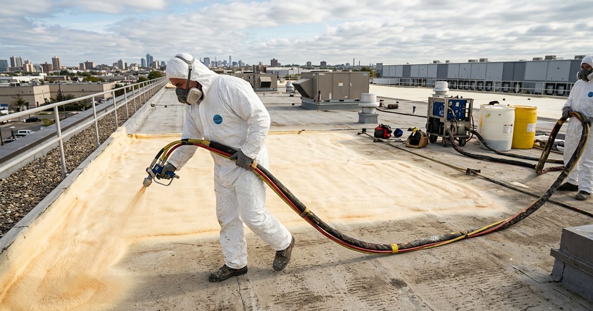 Spray polyurethane foam roofing applied over a commercial flat roof — Selecting A Foam Roofing Contractor For Your Commercial Roof