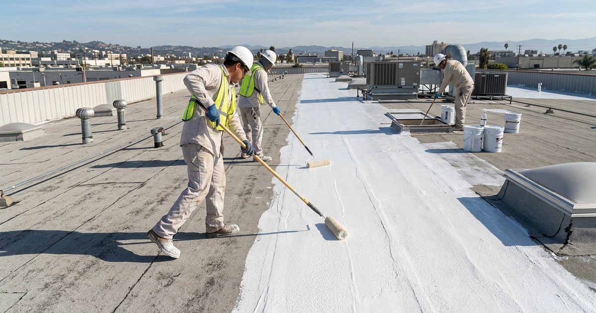 Crew applying Conklin white roof coating to a commercial roof — illustration for the article Selecting The Right Roof Coating