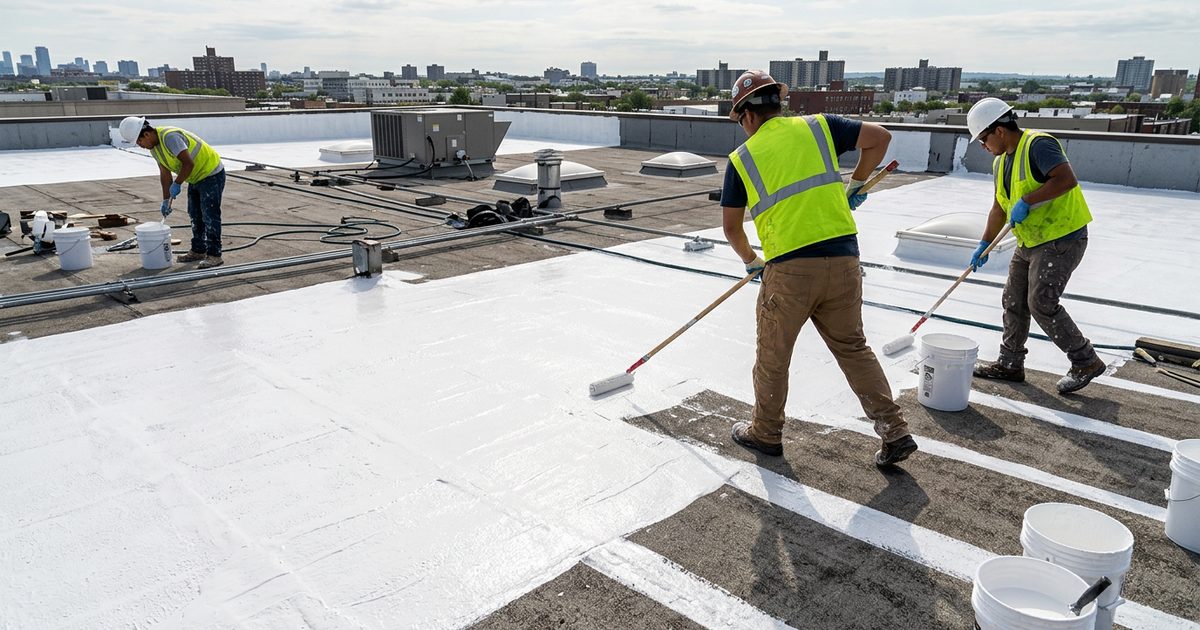 Bright white reflective cool roof coating on a commercial building — Selling White Roof Coatings For Commercial Roofs | Roof Coatings
