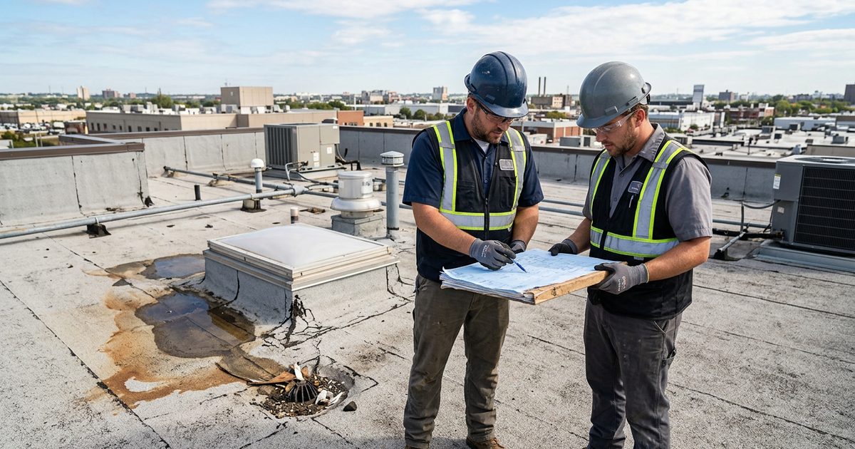Crew restoring a commercial flat roof with reflective roof coating — Signs You Need A Commercial Roof Repair