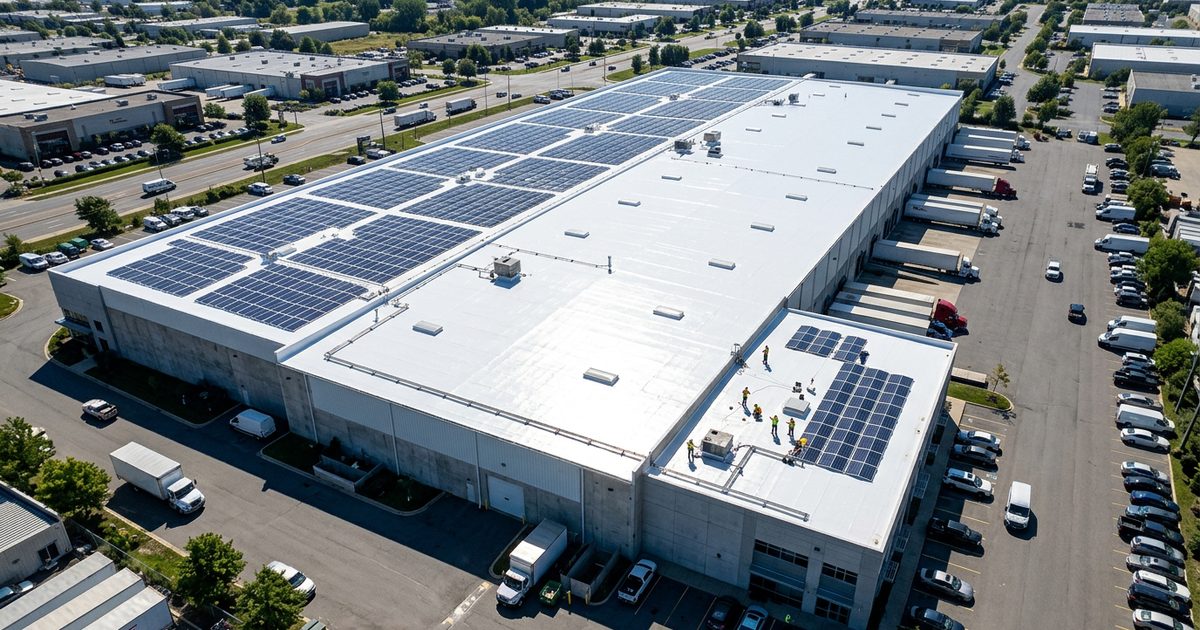Solar panels mounted on a white reflective commercial roof — Solar Power & Roof Coatings For Commercial Roofs