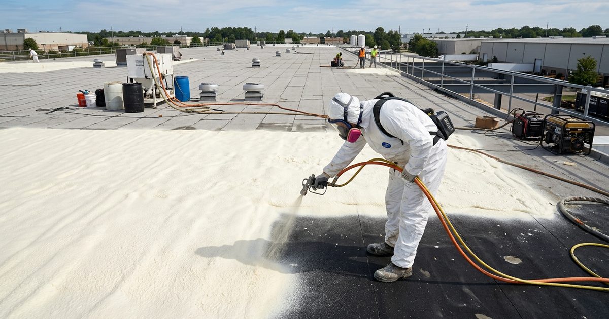 Spray polyurethane foam roofing applied over a commercial flat roof — Spray Foam Roof Vs Hail Damage