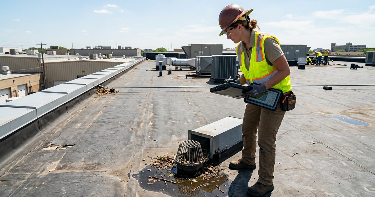 Summer sun beating down on a large commercial rooftop — illustration for the article Summer Hazards For Commercial Roofs