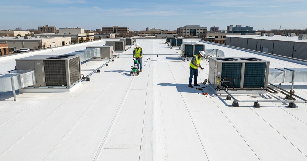 Crew applying Conklin white roof coating to a commercial roof — illustration for the article Tax Advantage Of Roof Coatings