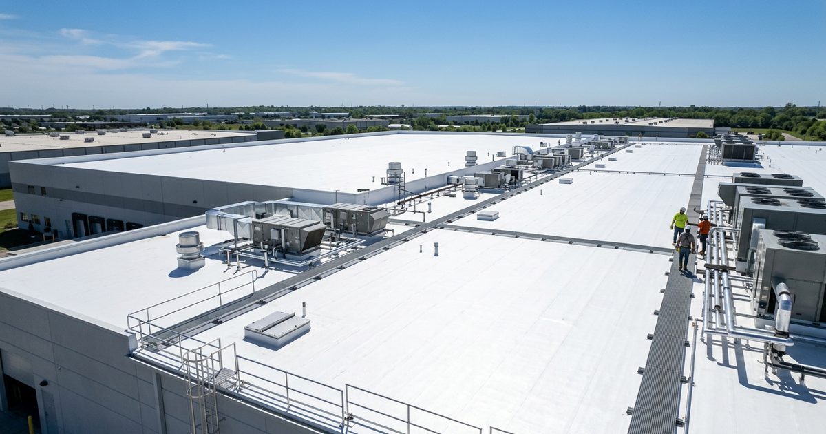 Bright white reflective cool roof coating on a commercial building — Cool Your Commercial Roofing System