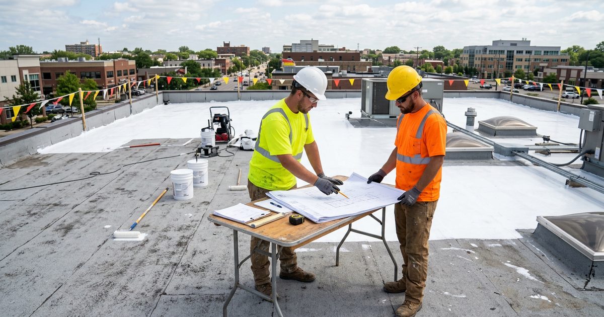 Crew applying Conklin white roof coating to a commercial roof — What Are Commercial Roof Coatings