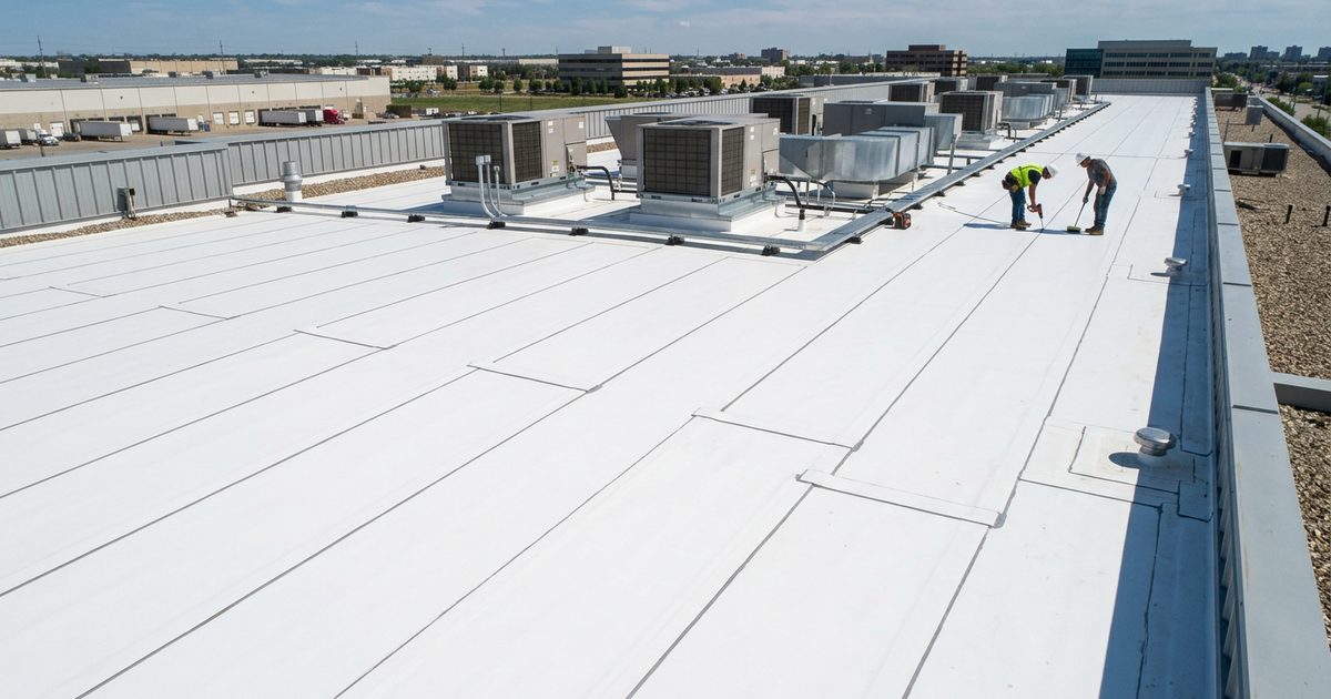 Crew applying Conklin white roof coating to a commercial roof — illustration for the article Best Commercial Roof Coatings