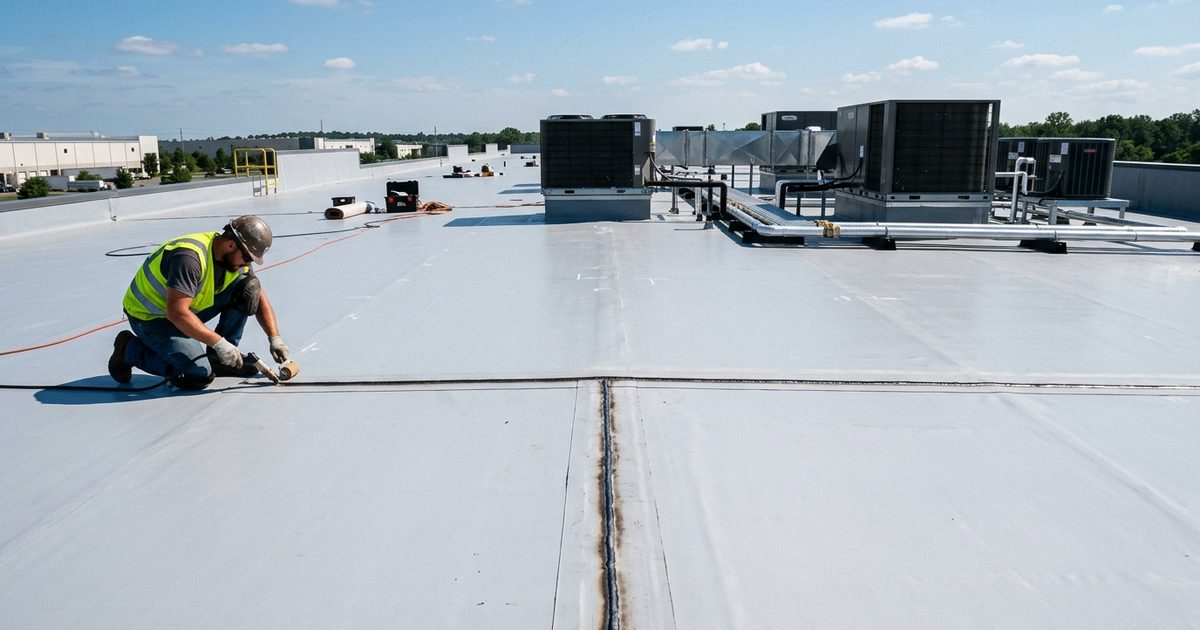 TPO single-ply membrane roof on a commercial building — illustration for the article What Does TPO Stand For In TPO Roofing?