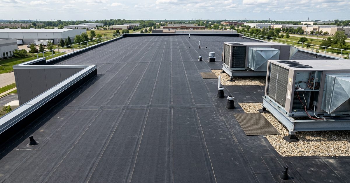 EPDM rubber membrane commercial roof seams and flashing — illustration for the article What Is EPDM Black Rubber Roofing?