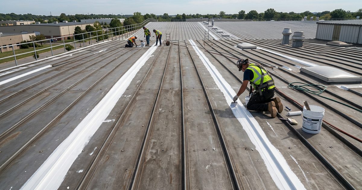 White reflective coating being rolled over a commercial standing seam metal roof — Metal Roof Coating