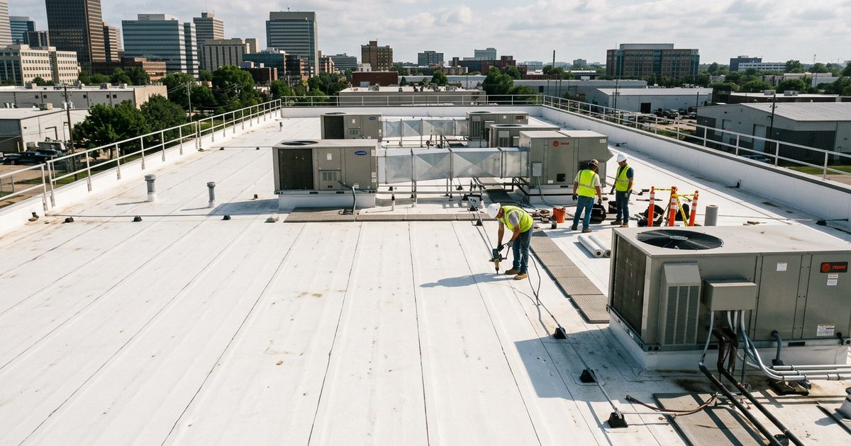 TPO single-ply membrane roof on a commercial building — illustration for the article What Is TPO Roofing?