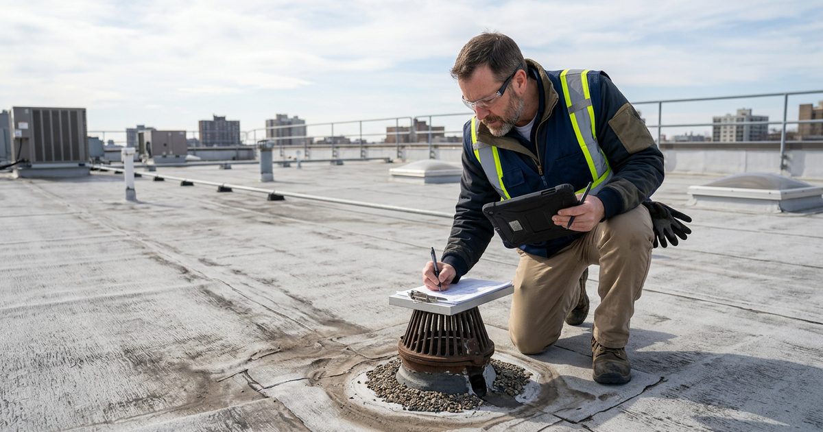 Conklin-trained roofer inspecting a commercial flat roof — illustration for the article Commercial Roof Inspections