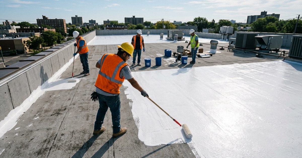 Bright white reflective cool roof coating on a commercial building — illustration for the article White Roof Coating Benefits