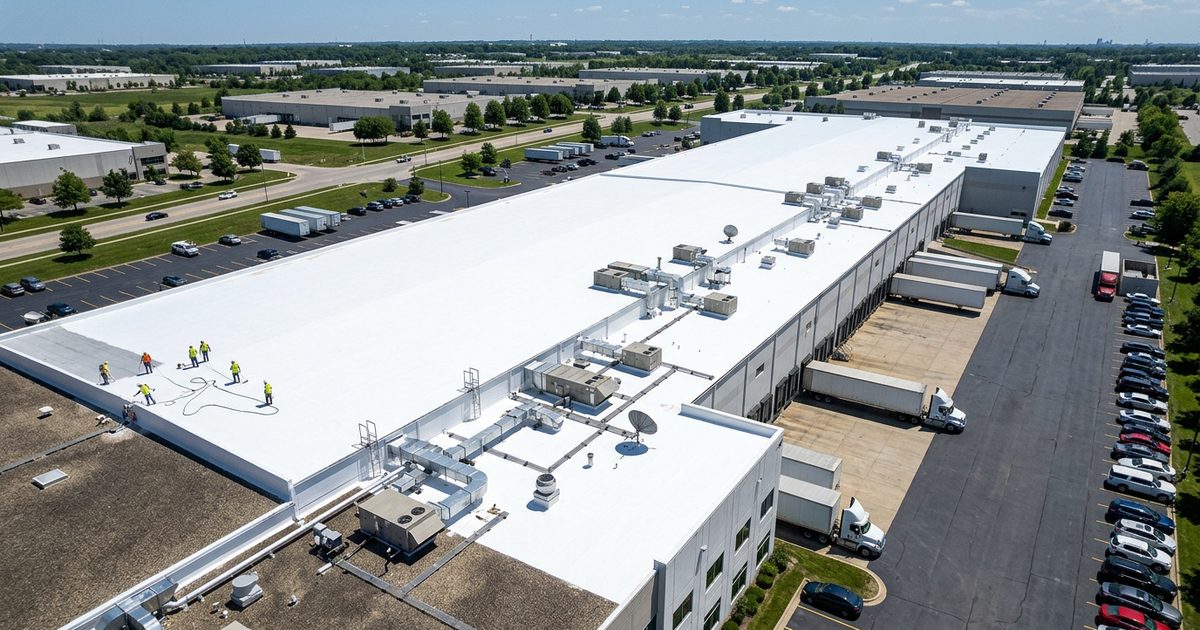 Bright white reflective cool roof coating on a commercial building — White Roof Coating Energy Savings | Cut Cooling Costs Fast