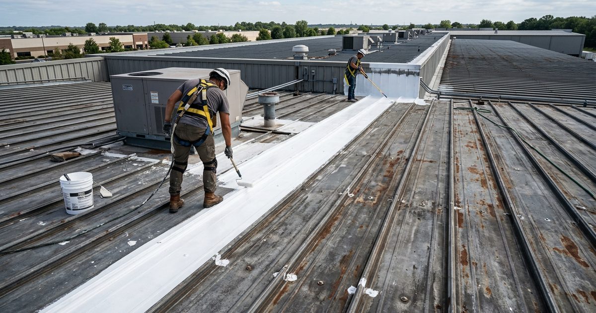 White reflective coating being rolled over a commercial standing seam metal roof