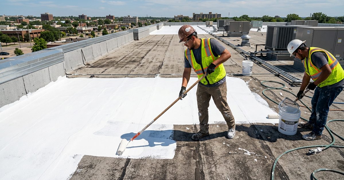 Crew applying Conklin white roof coating to a commercial roof — Why Should You Coat A Commercial Roof