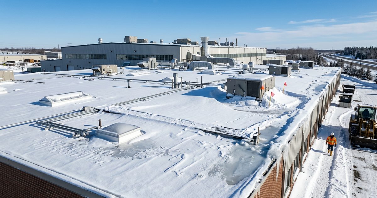 Snow and ice on a commercial low-slope roof in winter — illustration for the article Winter Hazards For Commercial Roofs