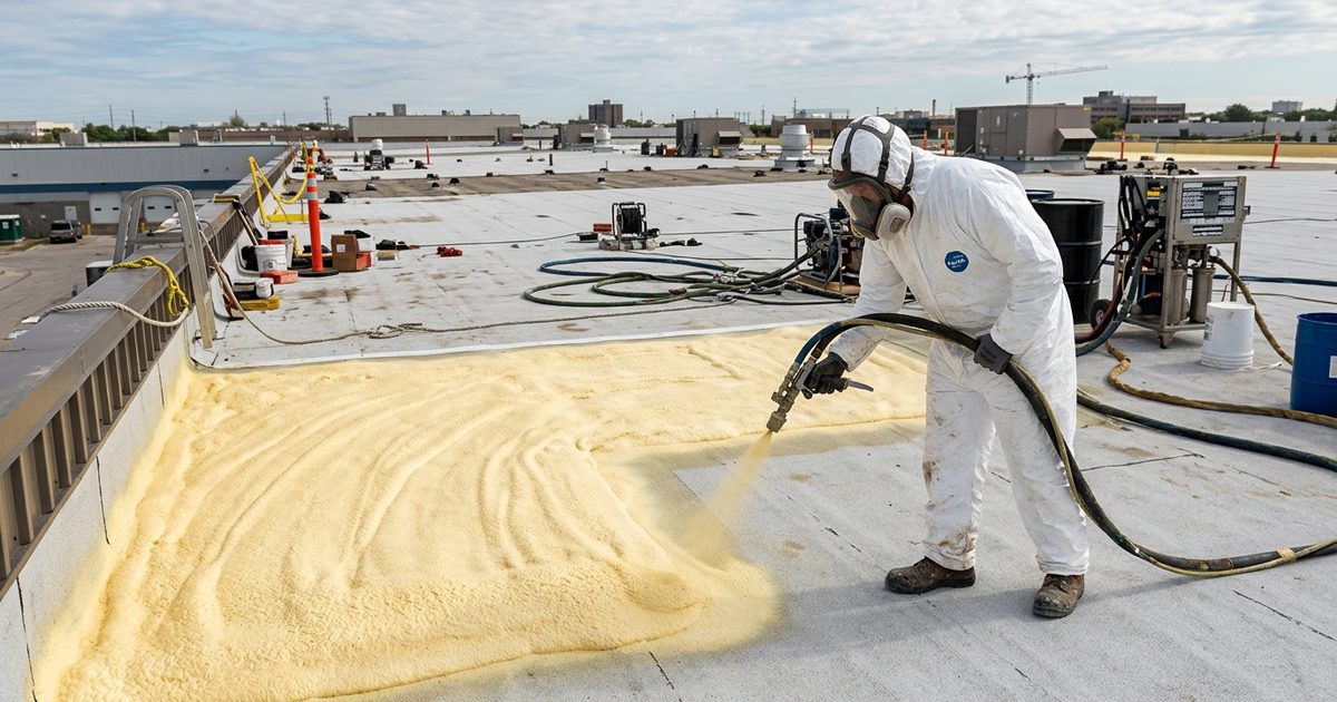 Spray polyurethane foam roofing applied over a commercial flat roof — Spray Foam Roofs Still Need Maintenance During The Pandemic